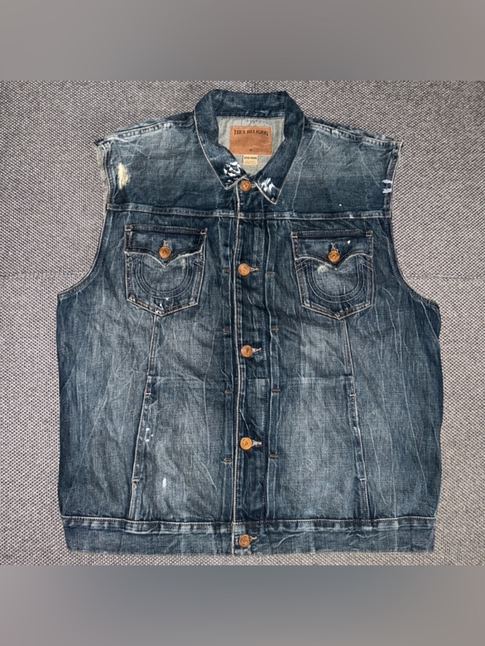 Rare Y2K True Religion Men's Distressed Denim Vest - Indigo Blue